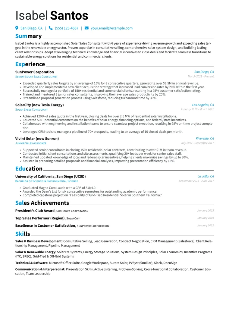 Solar Sales Consultant Resume Example CV template preview