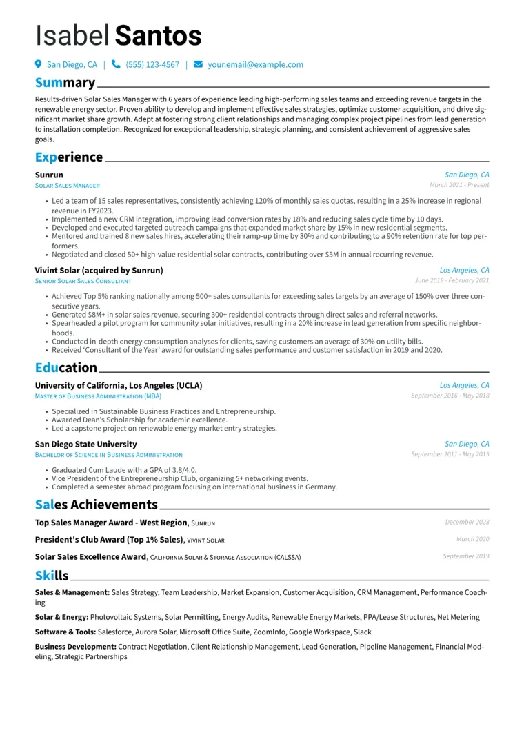 Solar Sales Manager Resume Example CV template preview
