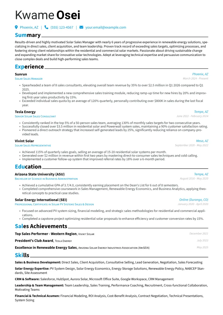 Solar Sales Representative Resume Example preview