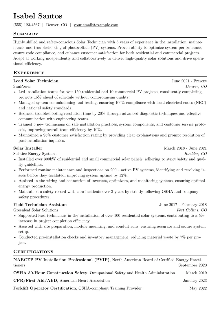Solar Technician Resume Example CV template preview