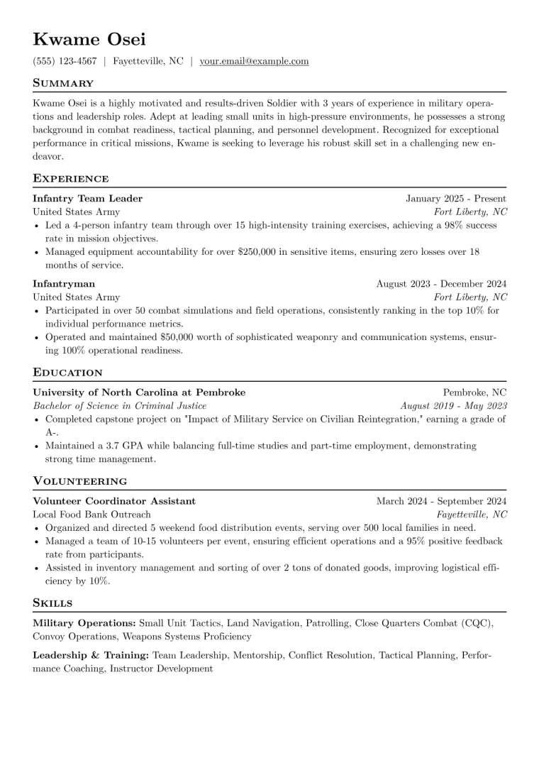Soldier Resume Example CV template preview