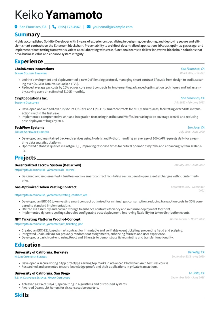 Solidity Developer Resume Example CV template preview