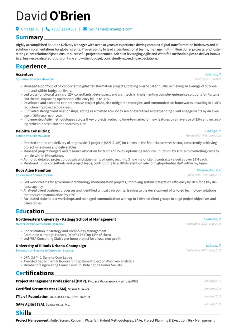 Solution Delivery Manager Resume Example CV template preview