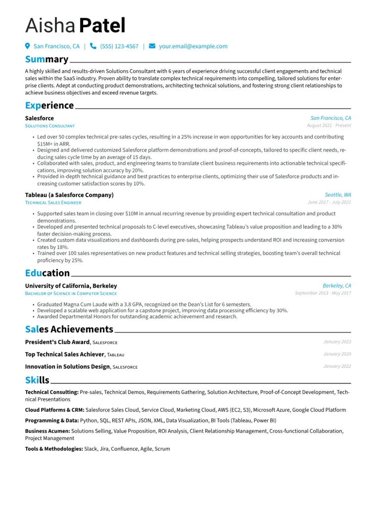 Solutions Consultant Resume Example CV template preview