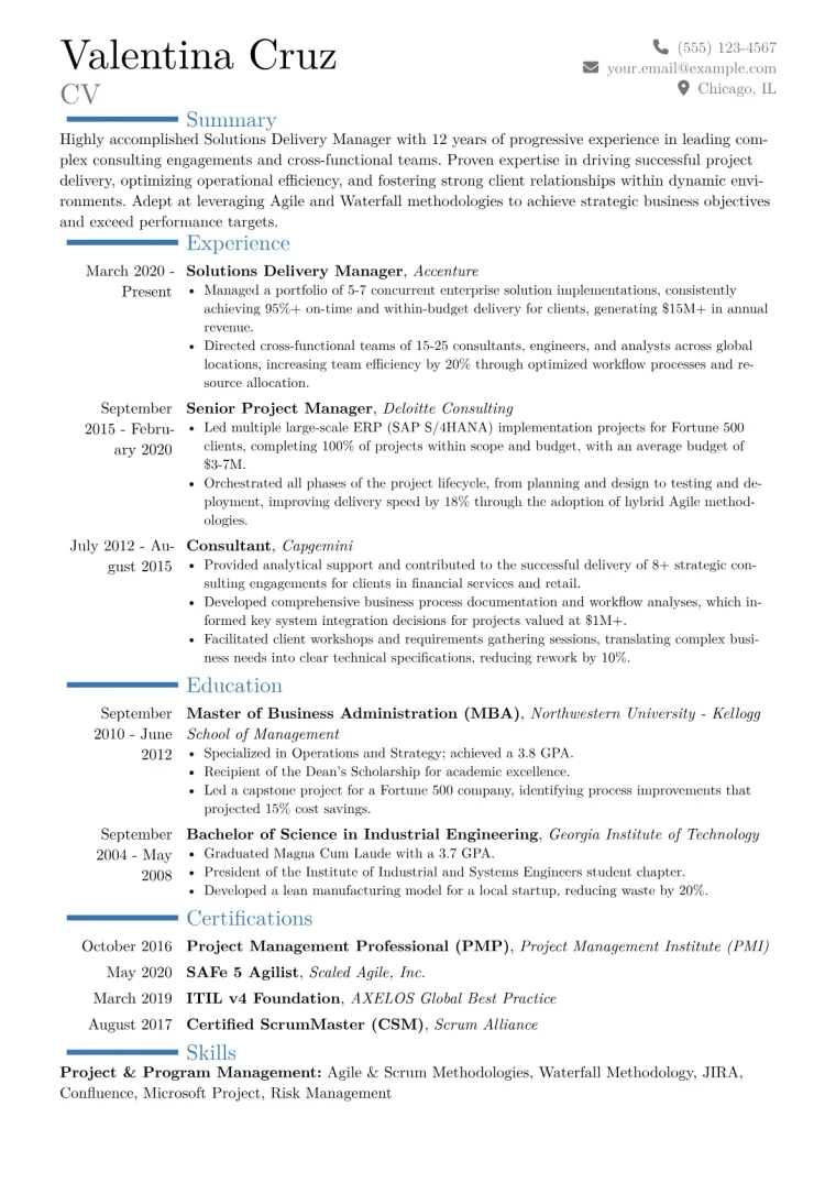 Solutions Delivery Manager Resume Example CV template preview