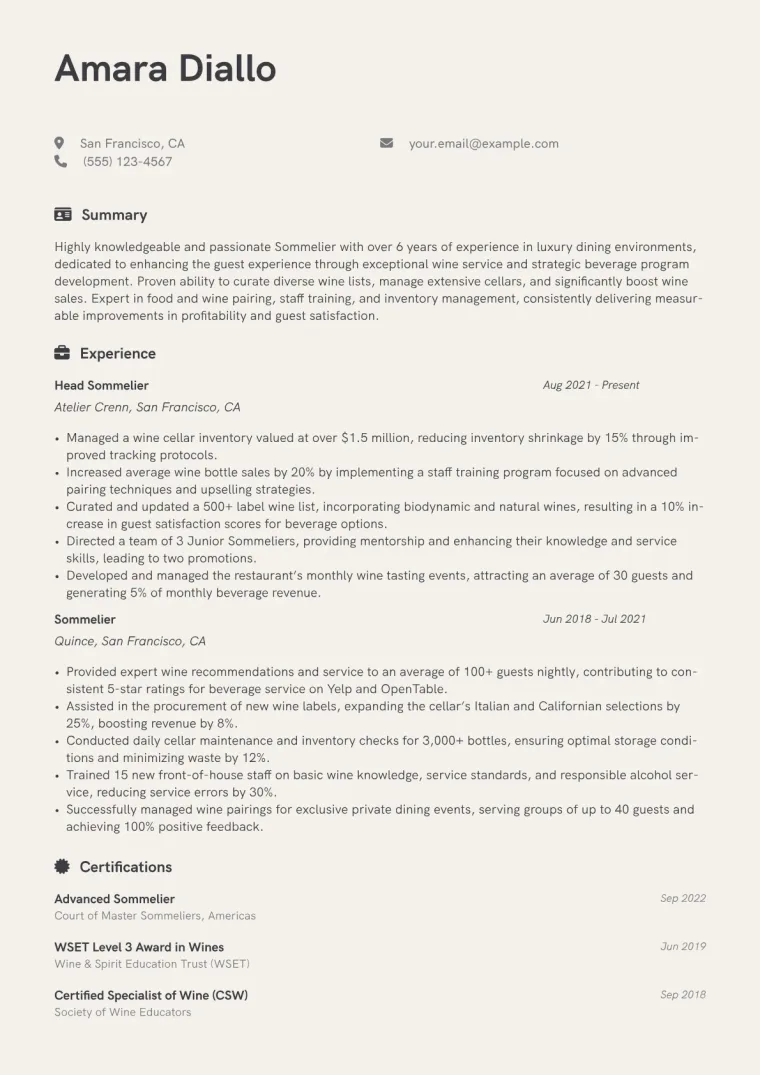 Sommelier Resume Example CV template preview
