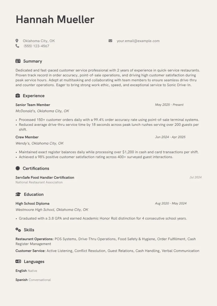 Sonic Drive-In Resume Example CV template preview