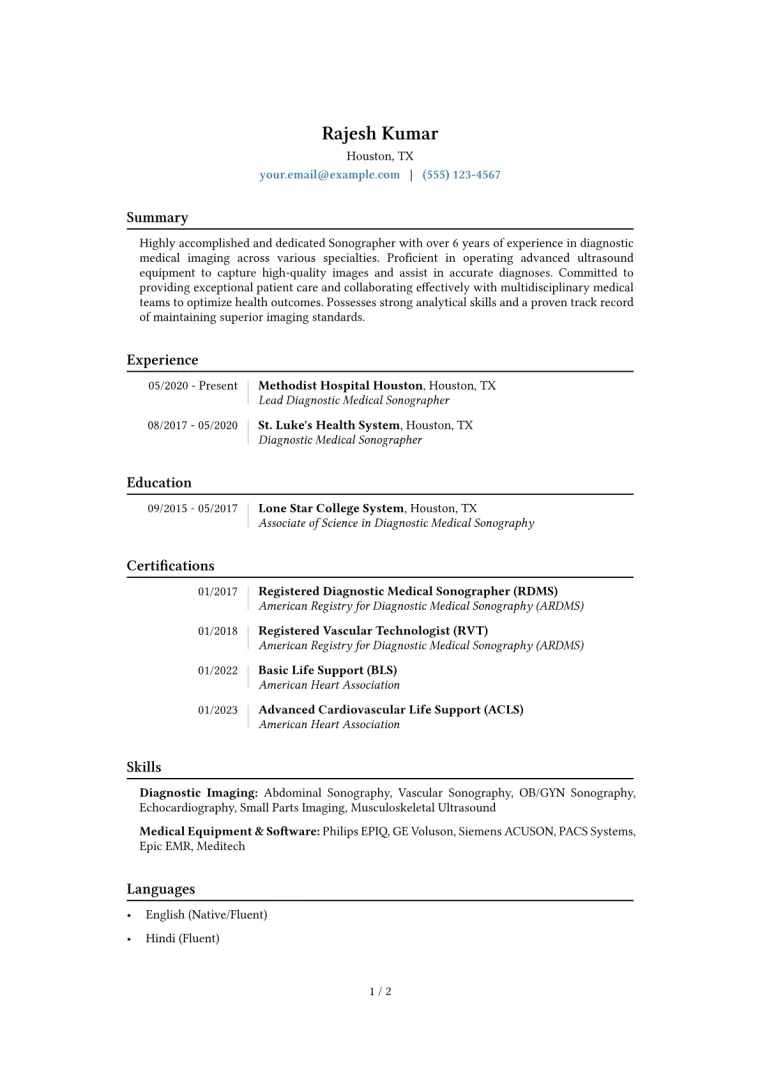 Sonographer Resume Example CV template preview