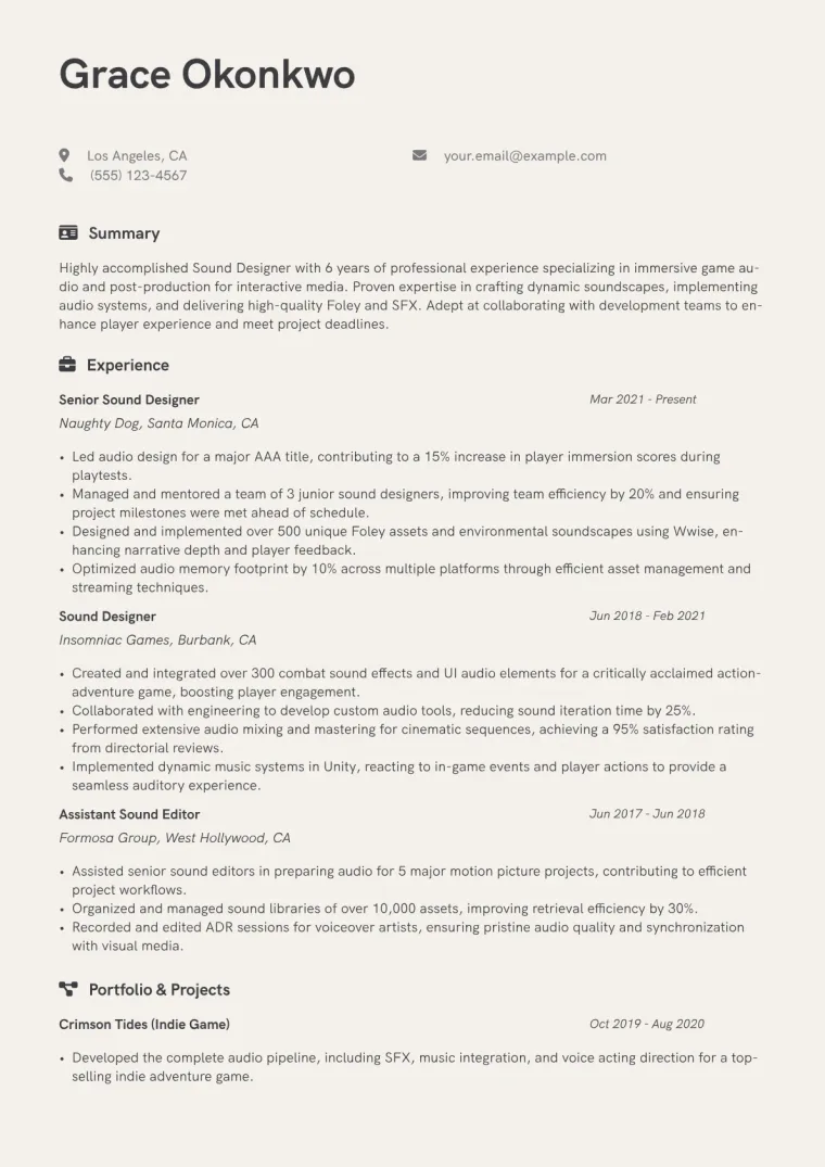 Sound Designer Resume Example CV template preview