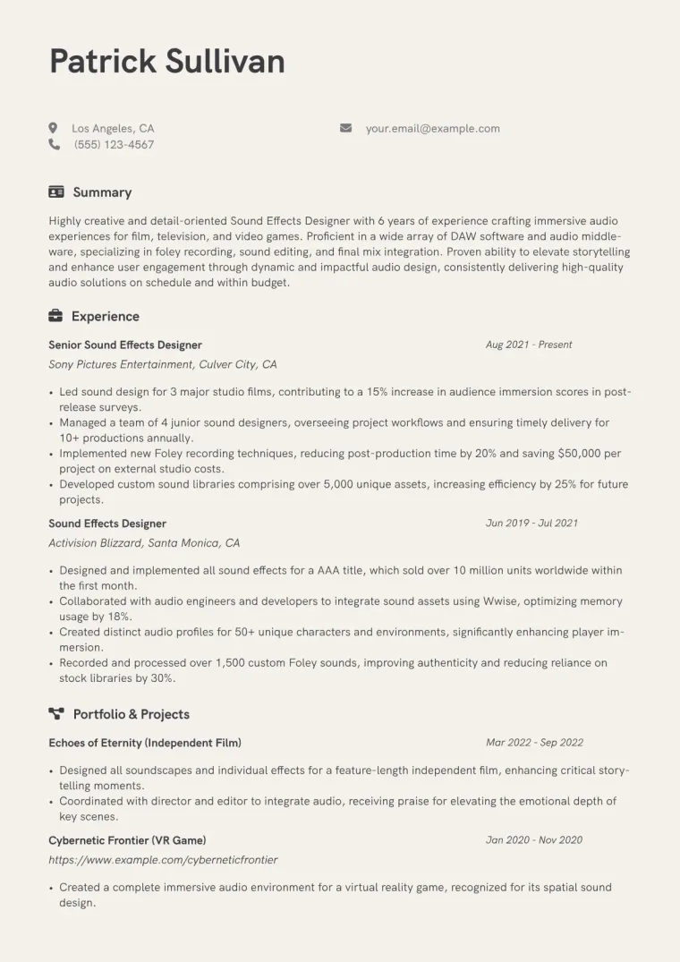 Sound Effects Designer Resume Example CV template preview