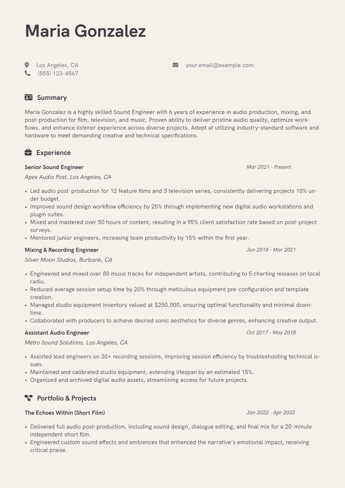 Sound Engineer resume example, page 1