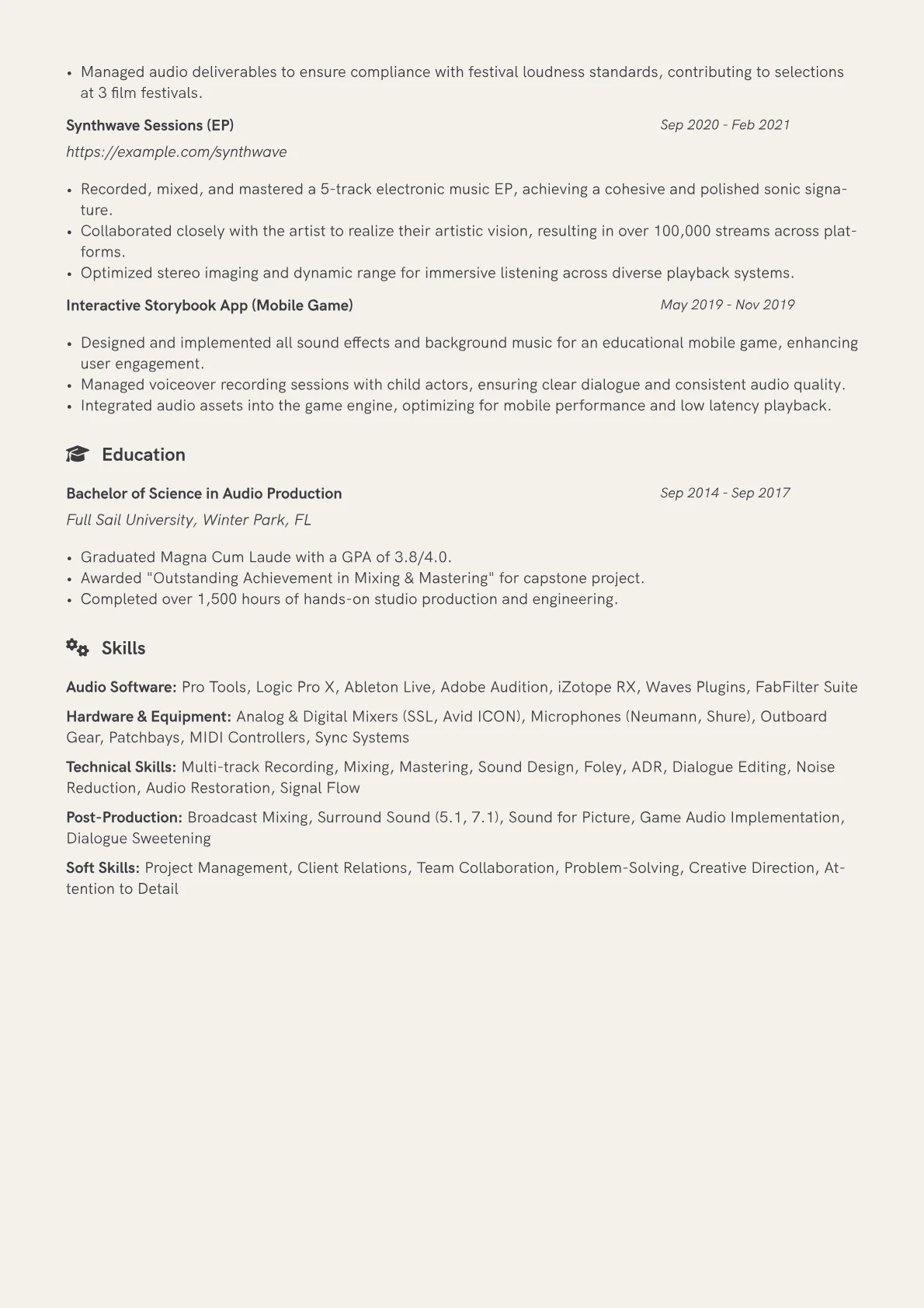 Sound Engineer resume example, page 2
