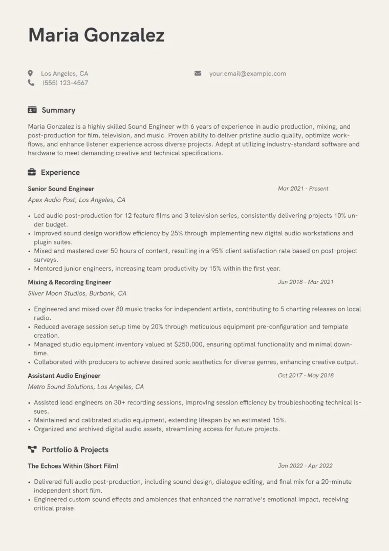 Sound Engineer Resume Example CV template preview