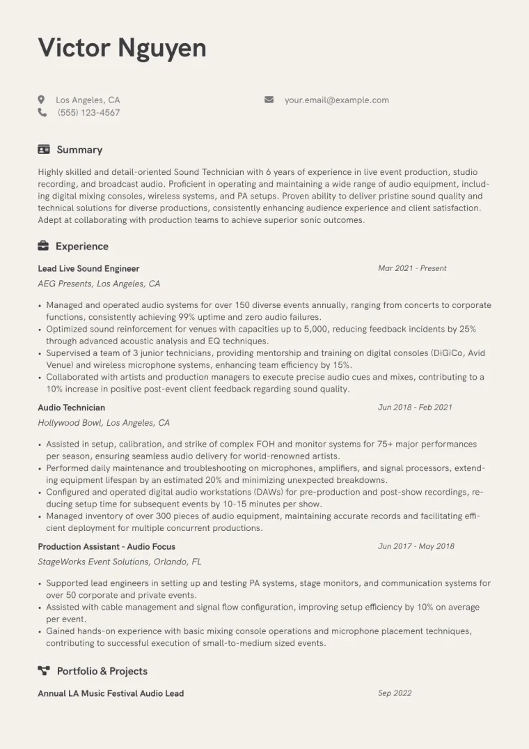 Sound Technician Resume Example CV template preview