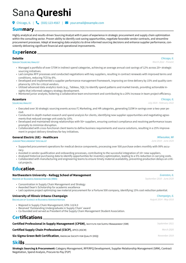 Sourcing Analyst Resume Example CV template preview