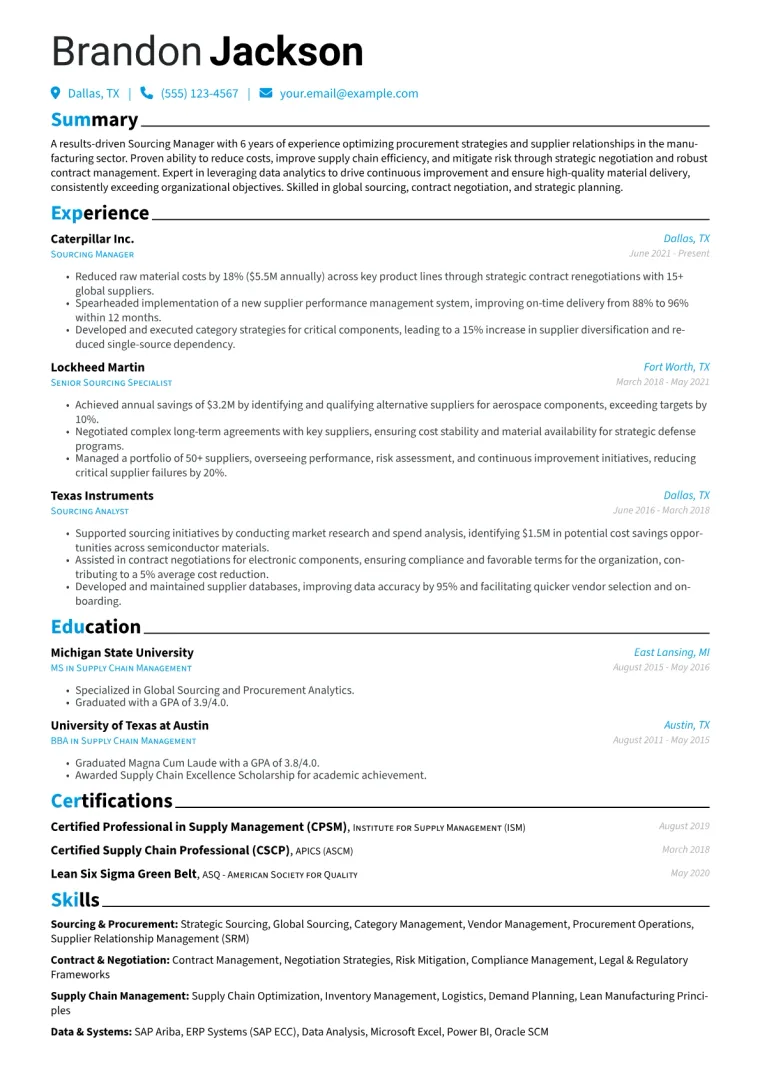 Sourcing Manager Resume Example CV template preview