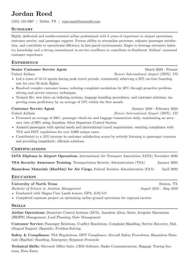 Southwest Airlines Resume Example preview