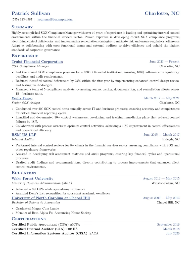SOX Compliance Manager Resume Example CV template preview