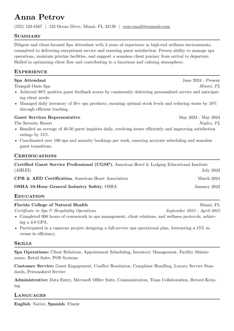 Spa Attendant Resume Example CV template preview