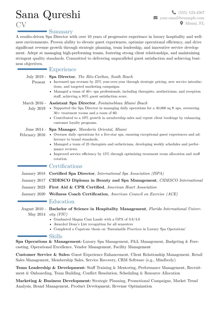 Spa Director Resume Example CV template preview