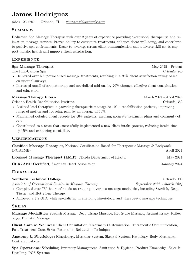 Spa Massage Therapist Resume Example CV template preview