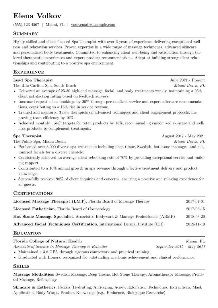 Spa Therapist Resume Example CV template preview