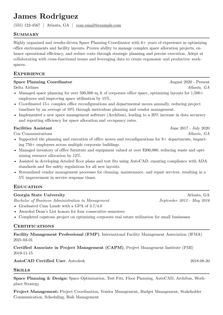 Space Planning Coordinator Resume Example CV template preview