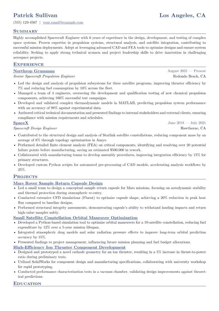 Spacecraft Engineer Resume Example CV template preview