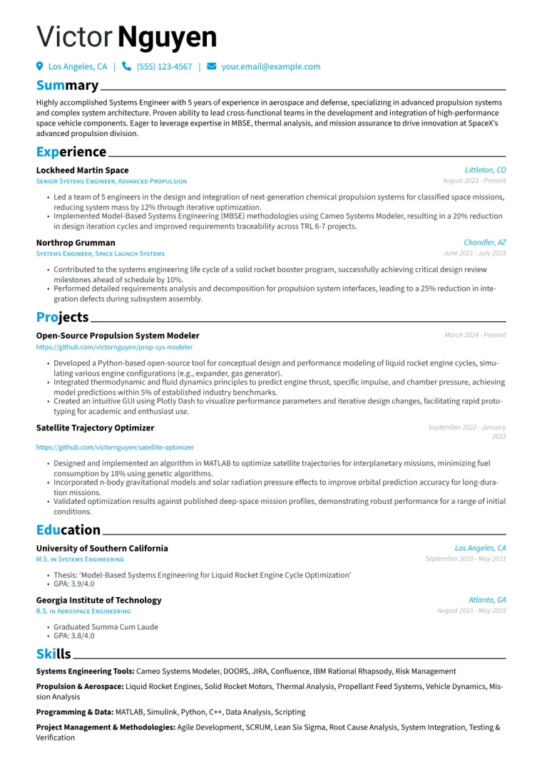 SpaceX Resume Example CV template preview