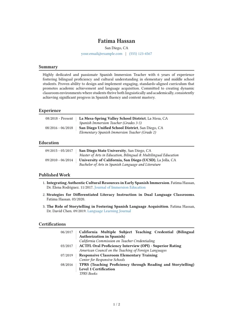 Spanish Immersion Teacher Resume Example CV template preview