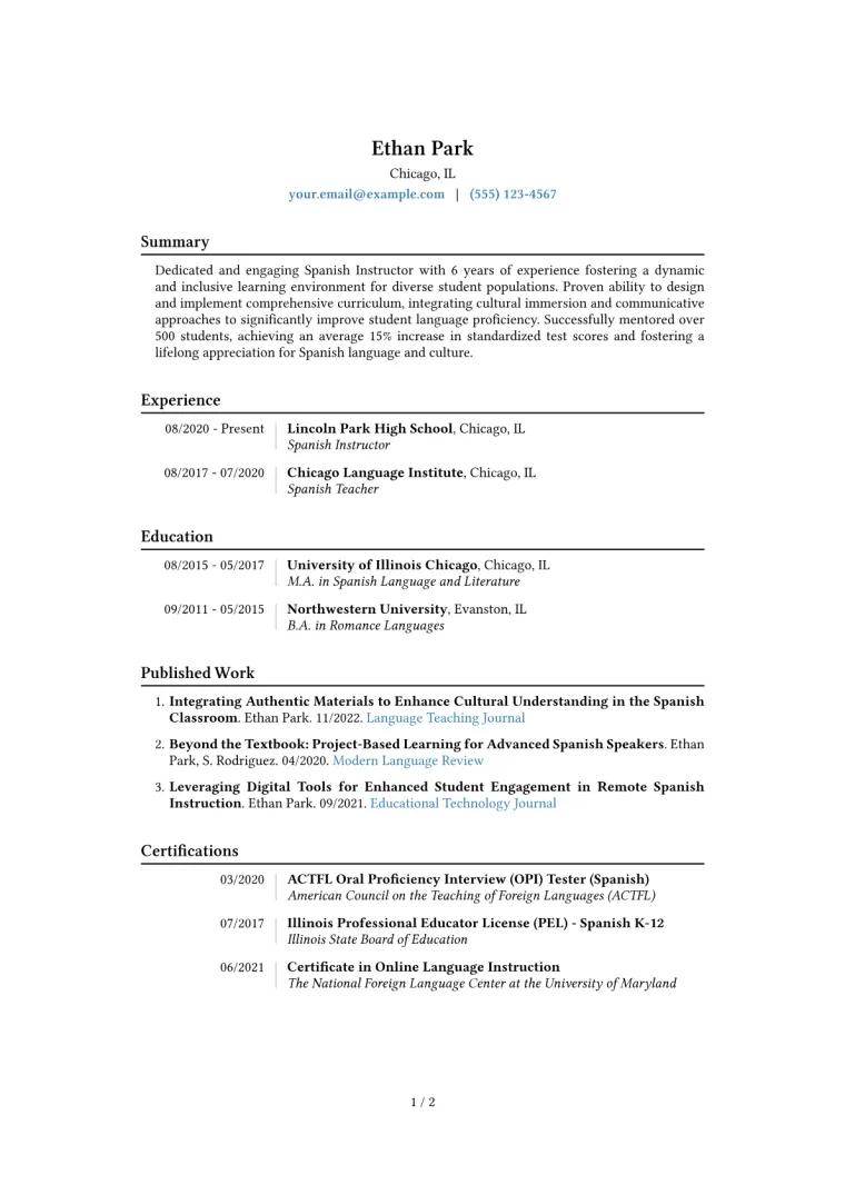 Spanish Instructor Resume Example CV template preview