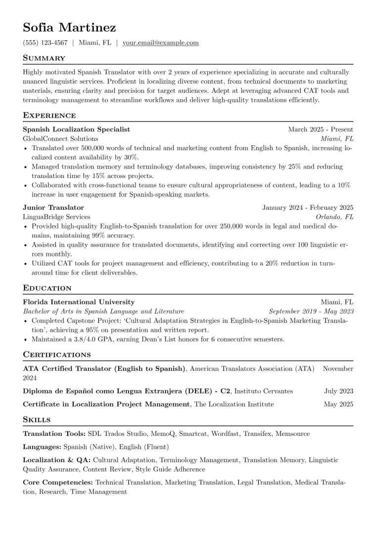 Spanish Translator Resume Example CV template preview