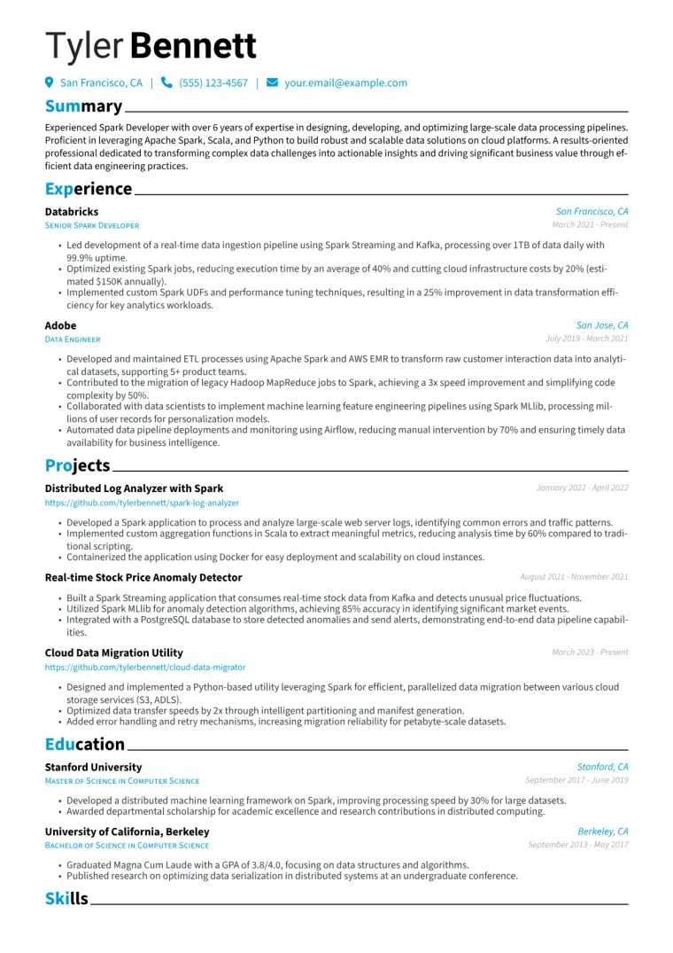 Spark Developer Resume Example CV template preview