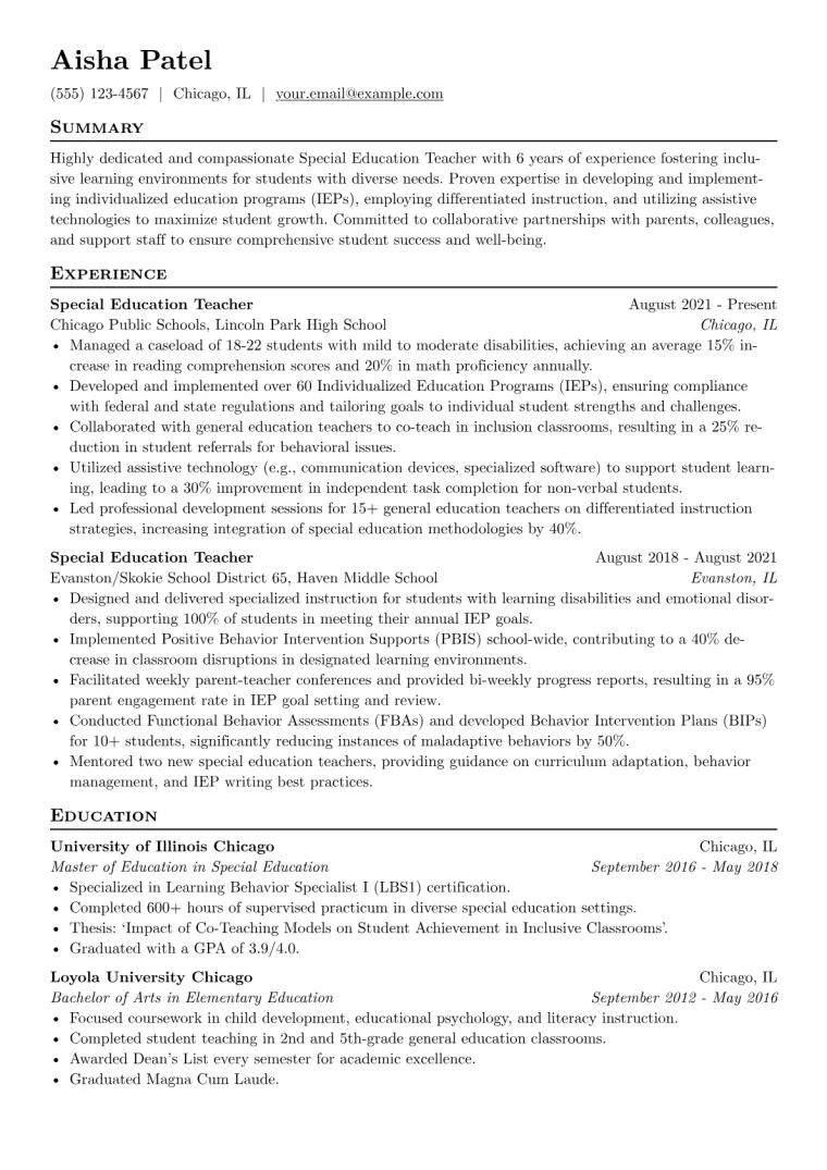 Special Ed Teacher Resume Example CV template preview
