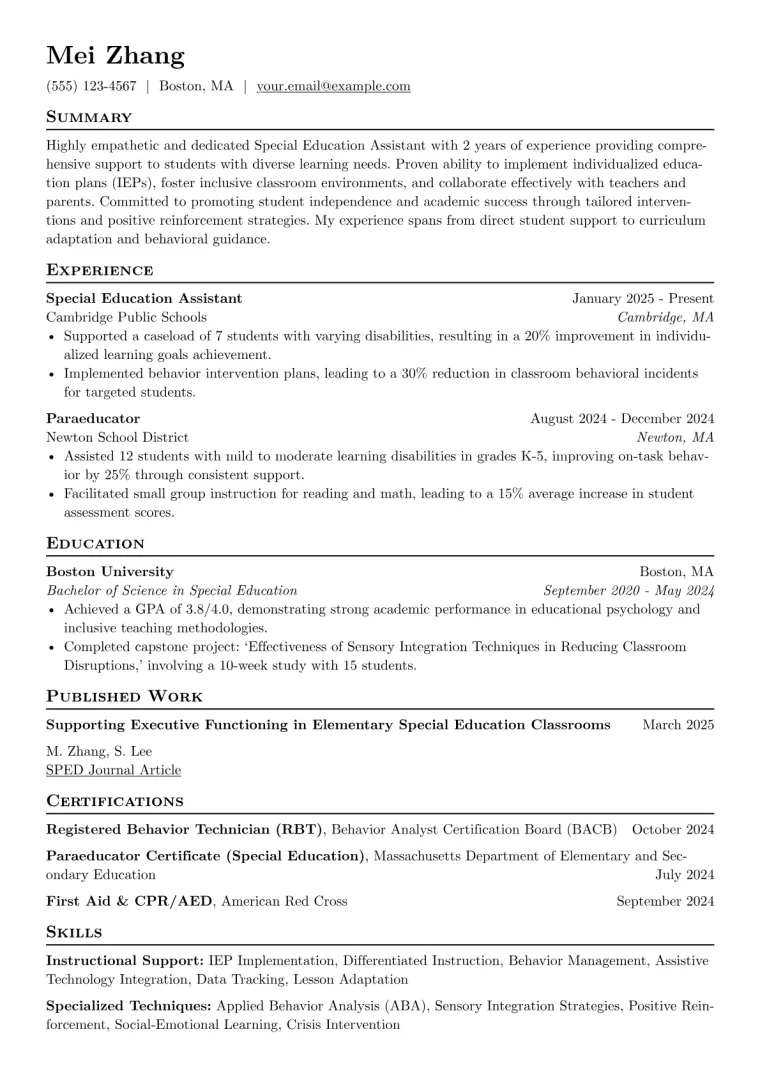 Special Education Assistant Resume Example preview