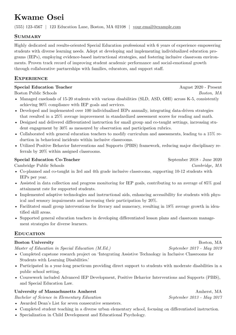 Special Education Resume Example CV template preview