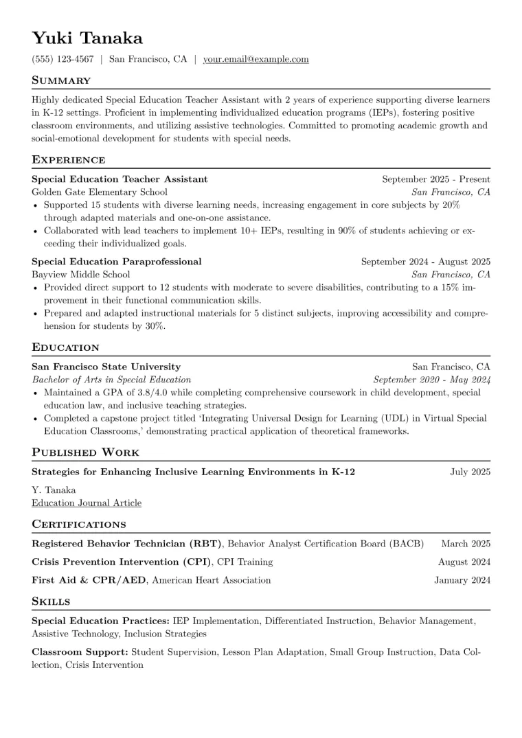 Special Education Teacher Assistant Resume Example CV template preview