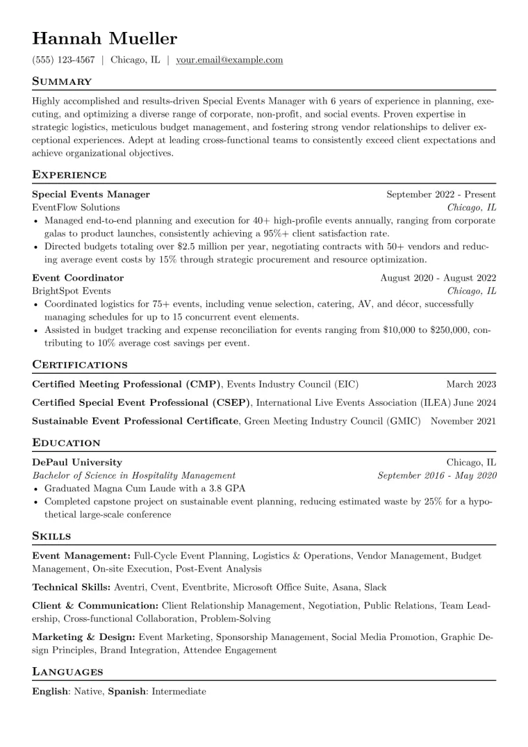 Special Events Manager Resume Example preview