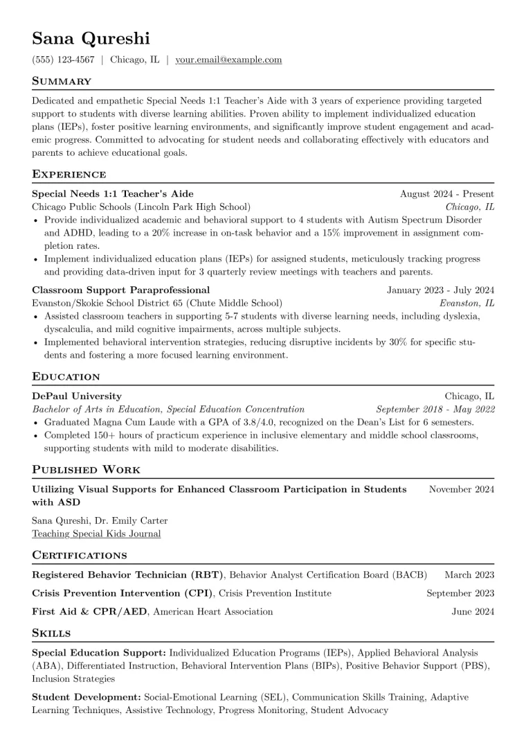 Special Needs 1:1 Teacher's Aide Resume Example CV template preview