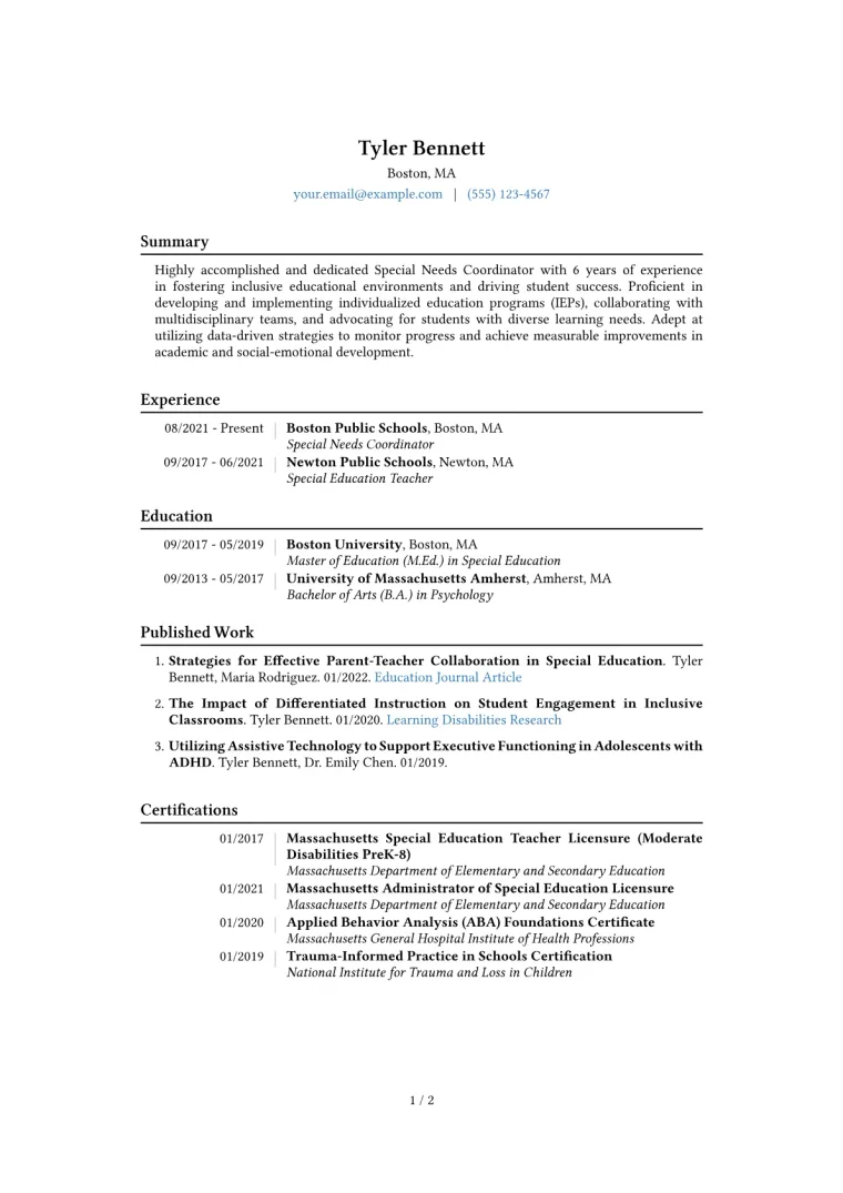 Special Needs Coordinator Resume Example CV template preview