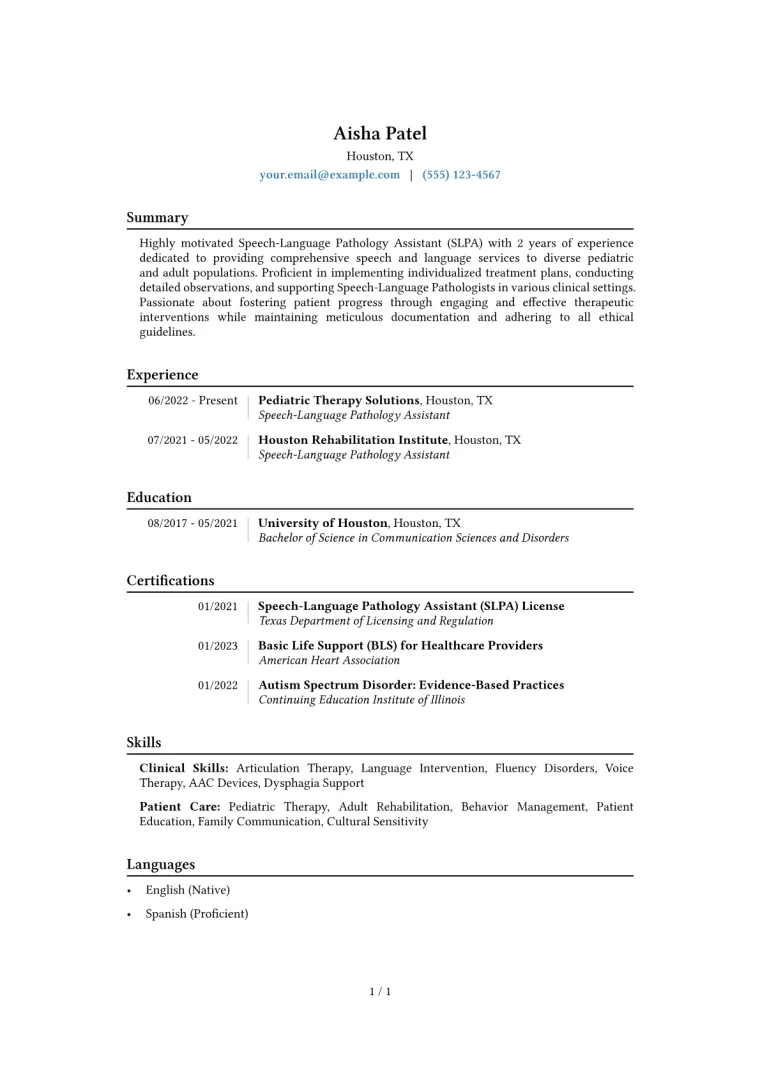Speech-Language Pathology Assistant Resume Example CV template preview