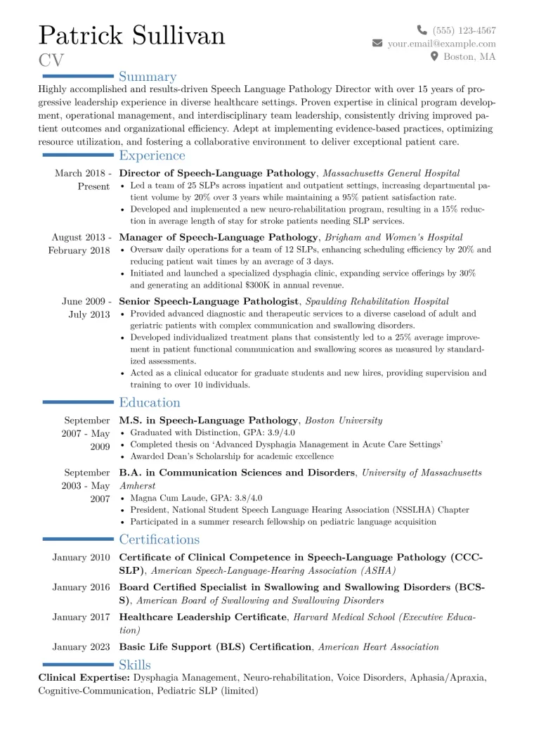Speech Language Pathology Director Resume Example CV template preview