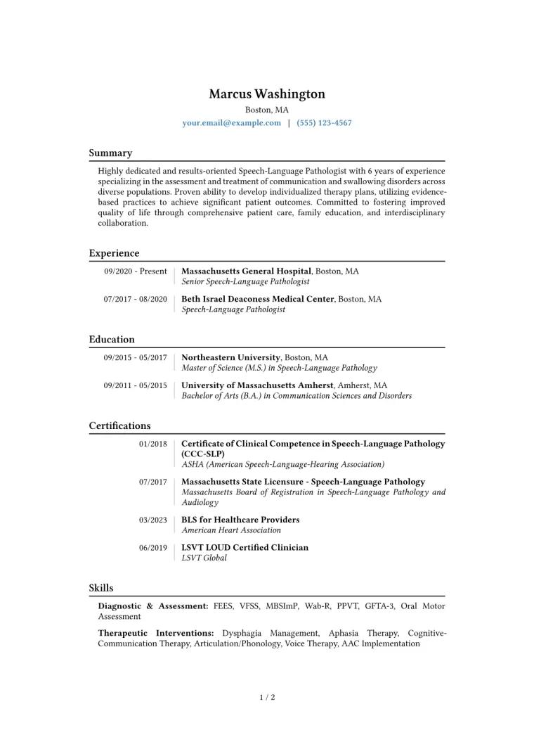 Speech Pathologist Resume Example CV template preview