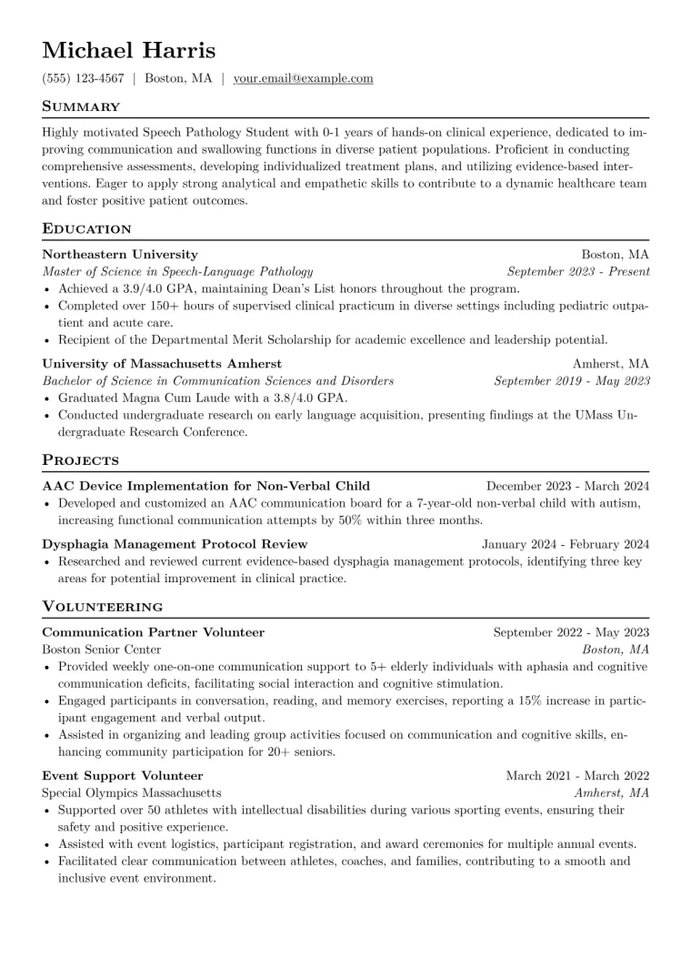 Speech Pathology Student Resume Example CV template preview