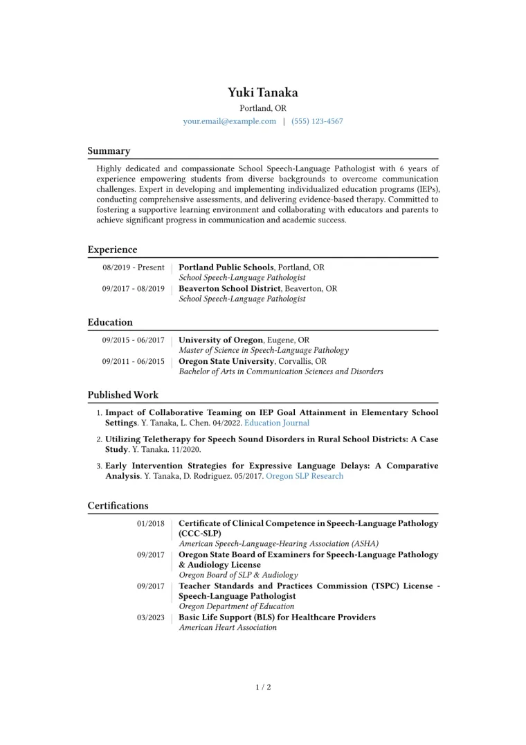 School Speech Therapist Resume Example CV template preview