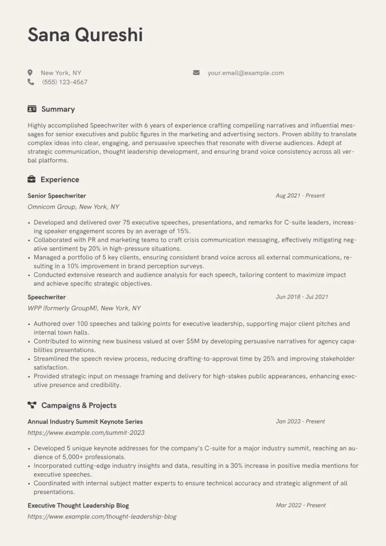 Speechwriter Resume Example CV template preview