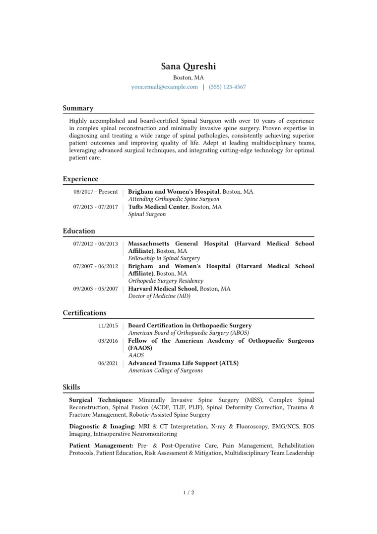 Spinal Surgeon Resume Example CV template preview