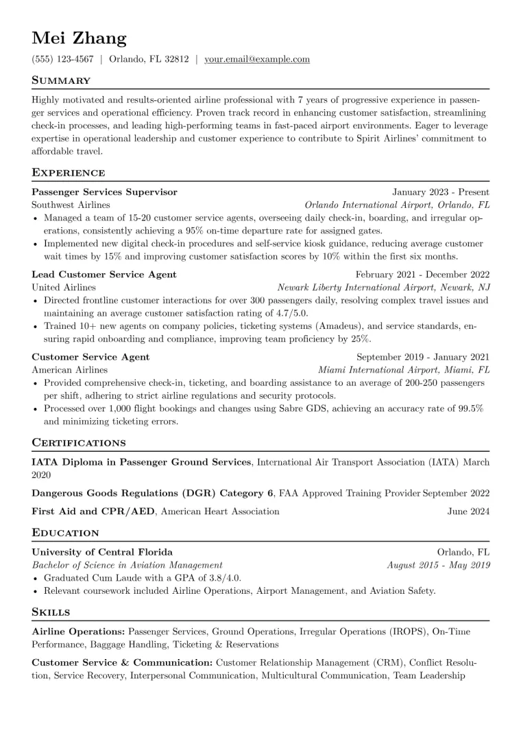 Spirit Airlines Resume Example CV template preview