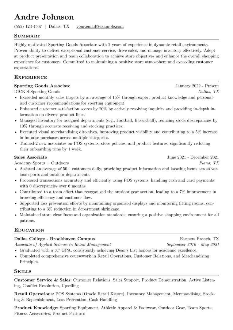 Sporting Goods Associate Resume Example CV template preview