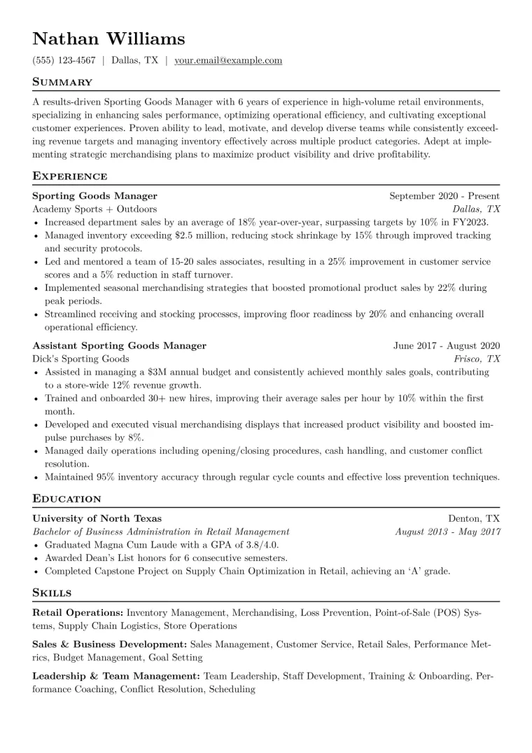Sporting Goods Manager Resume Example CV template preview